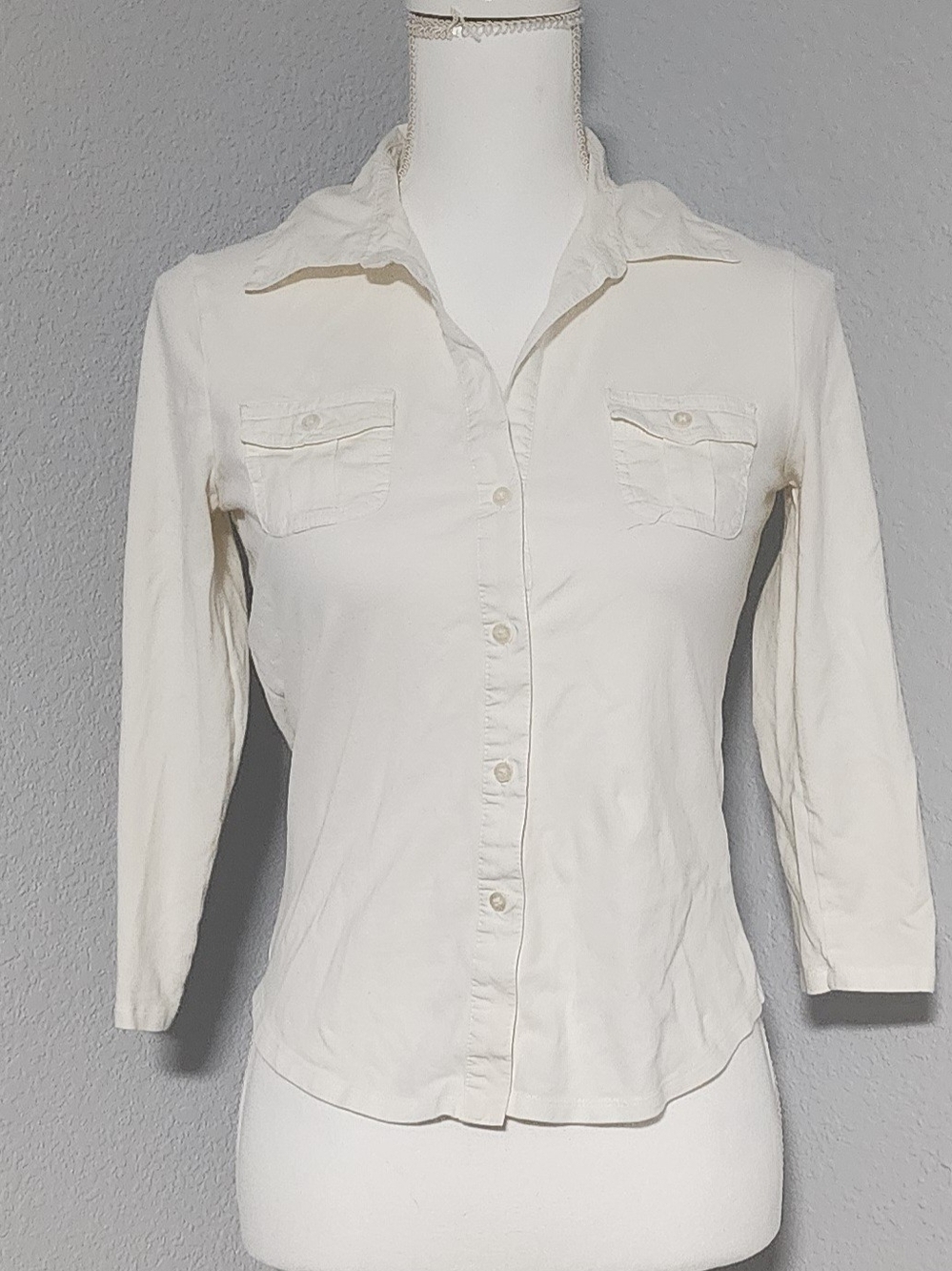 Vintage Y2K Mossimo Stretch White 3/4 Sleeve Button Up Collared Blouse Small